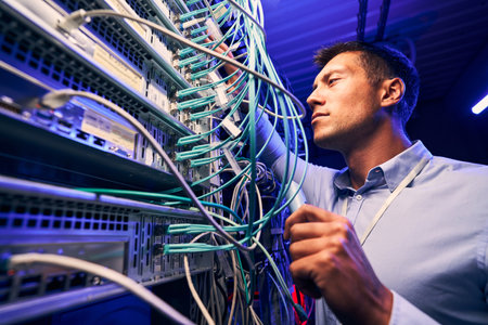 Engineer testing cable connections on network serverの写真素材