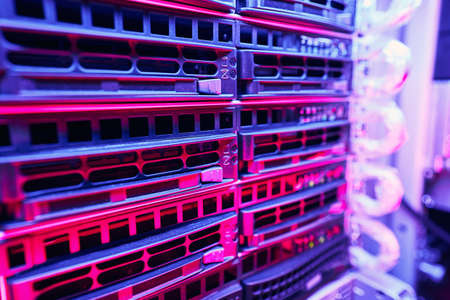 Cluster of functioning LED-illuminated numerous hard drivesの写真素材