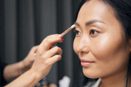 Unrecognized female visagiste painting eyebrow in modern salonの写真素材