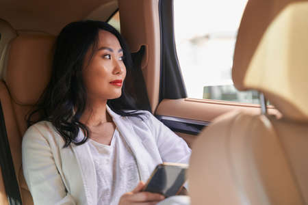 Charming attractive woman looking away in the automobile