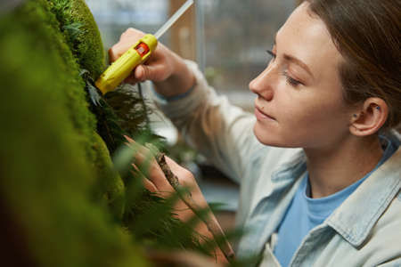 Young lady making picture with green plants