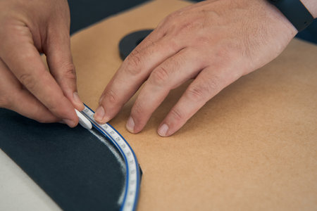 Male hands with chalk in hands outline borders of pattern