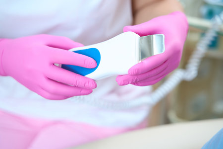 Female cosmetologist with tool for ultrasoung facialの写真素材