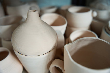 Variety of household unbaked clay products close-upの写真素材