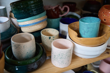 Multi-colored clay cups and bowls are stacked on wooden shelvesの写真素材