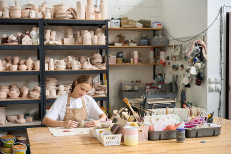 Young female student practicing in a pottery studioの写真素材