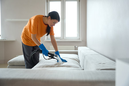 Woman from cleaning the sofa in apartmentの写真素材