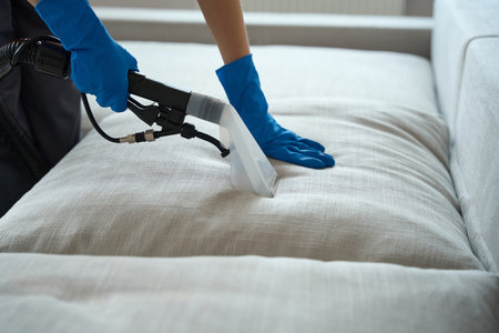 Close up photo of woman cleaning the sofaの写真素材