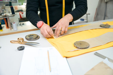 Close up of male tailor in a black sweater is chalking out a pattern