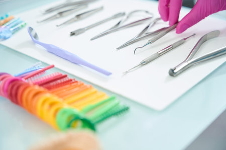 Working set of the orthodontist doctor lies on surgical tableの写真素材