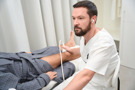 Cearded doctor makes an ultrasound of the knee of patientの写真素材