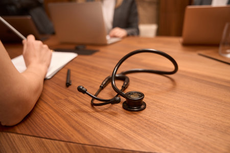 Close up picture of stethoscope on table
