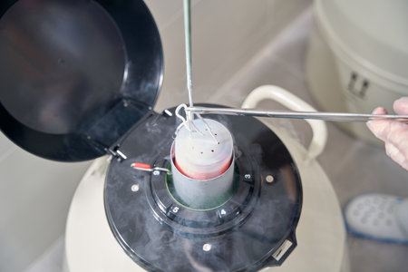 Health worker puts biomaterial into a tank with liquid nitrogen