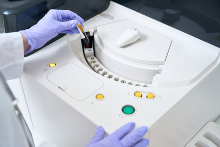 Laboratory employee sends a blood sample to an immunochemiluminescent analyzer