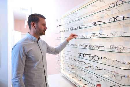 Handsome Caucasian man is enjoying the choose of glasses in the shopの写真素材