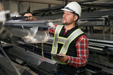 Portrait of worker holding clipboard, count materialの写真素材