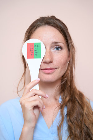 Caucasian female covering one eye with special frame in the optometrist officeの写真素材