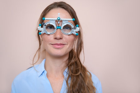 Charming woman is receiving qualified check up her eyesight with trial frame
