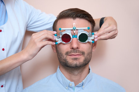 Confident bearded man examining g his eyesight with trial frame in the hospitalの写真素材