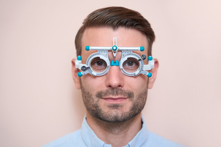Confident male doing check up his visual acuity with special equipmentsの写真素材