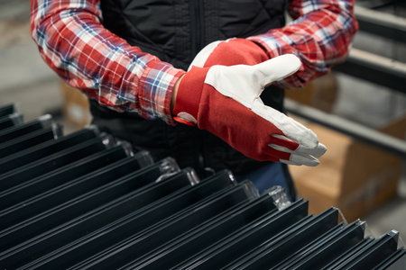 Man putting on protective gloves in workshopの写真素材