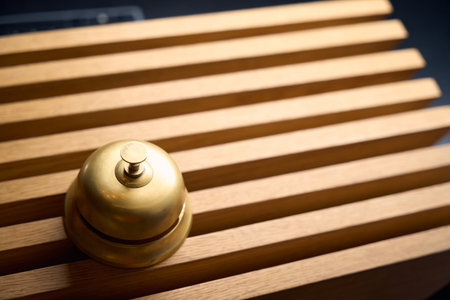 Traditional copper bell for calling staff at the reception desk