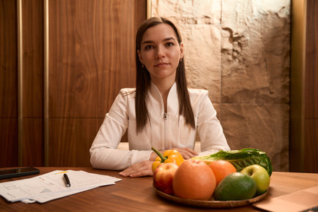 Female doctor looking at the camera at tableの写真素材