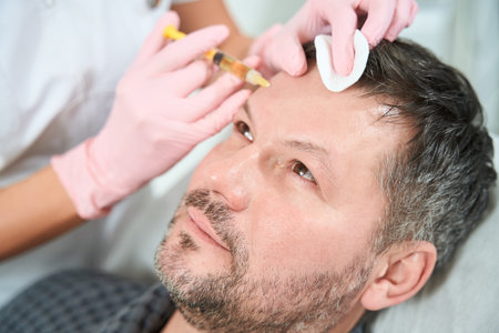 Man with unshaven face receives subcutaneous injections of frontal zoneの写真素材