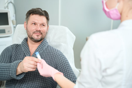 Male takes container for collecting biological material from health workerの写真素材