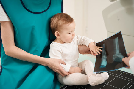 Curious infant looking at x-ray of lower extremity