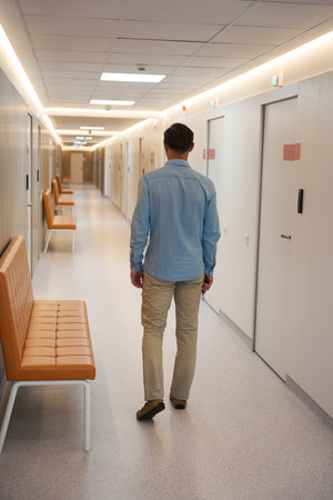 Man standing in hallway with sofas along wall. Back viewの写真素材