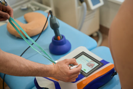 Physical therapist is preparing for electromyostimulation session