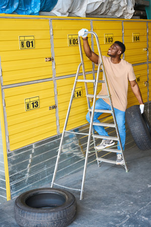 African American male climbing stepladder with car tire in his handの写真素材