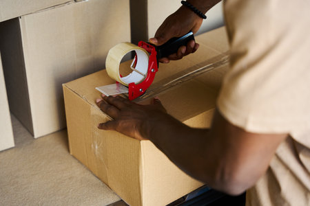 Guy seals a cardboard box with tapeの写真素材