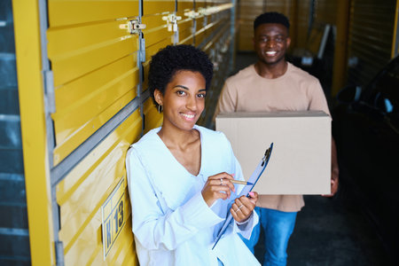 Female manager communicates with a client in a storage warehouseの写真素材