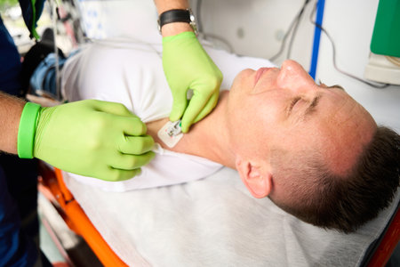 Doctor puts a dropper to the patient in the ambulance