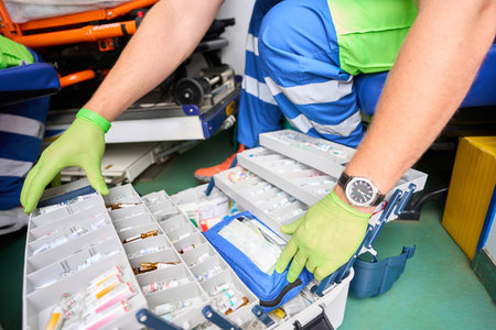 Paramedic opened suitcase with set of medicines to provide emergency care