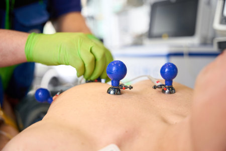 Medic attaches electrodes on suction cups to torso of man