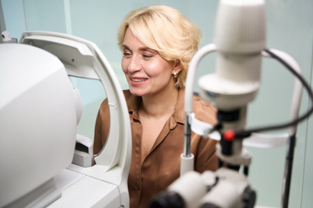Smiling woman sits in front of a special ophthalmic device