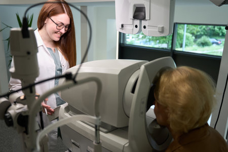Woman in casual clothes at an ophthalmologists appointmentの写真素材