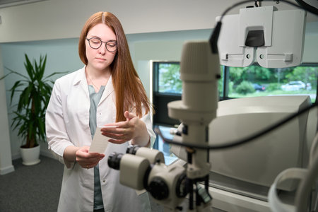 Ophthalmologist in a medical gown at the workplaceの写真素材