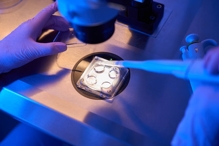 Qualified lab scientist is preparing specimens for microscopic examinationの写真素材