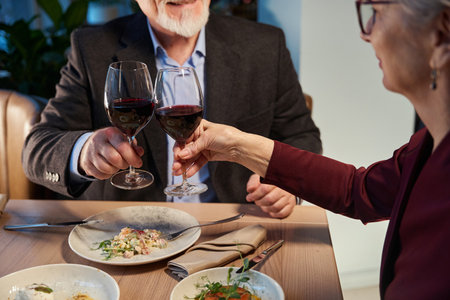 Aged man and woman clinking glasses of wine during New Year celebrationの写真素材