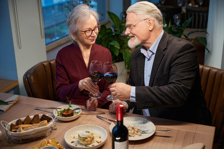 Mature woman and man clinking wineglasses celebrating Christmas in restaurantの写真素材