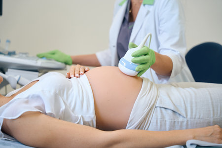 Female gynecologist doing ultrasound examination of pregnant female patientの写真素材