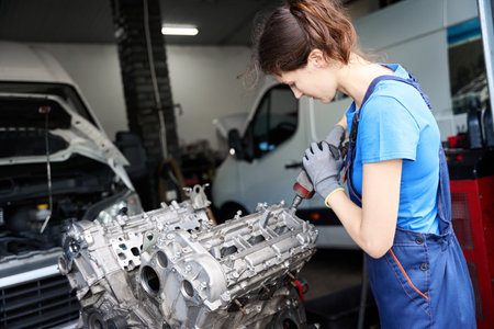 Woman master replaces injectors in a carの写真素材