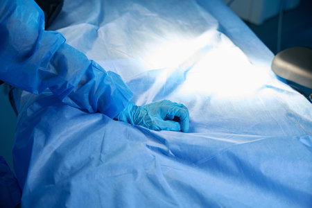 Hand in sterile glove of unrecognizable surgeon on operating table