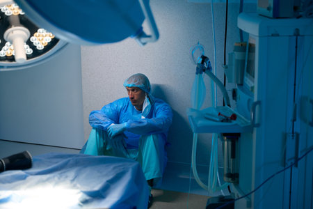 Tired exhausted exhausted surgeon after long surgery doctor in operating roomの写真素材