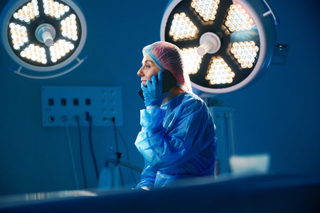 Woman doctor surgeon talking on smartphone in operating room