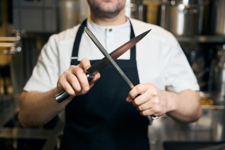 Cropped chef sharpening knife with sharpener on blurred kitchen in restaurant